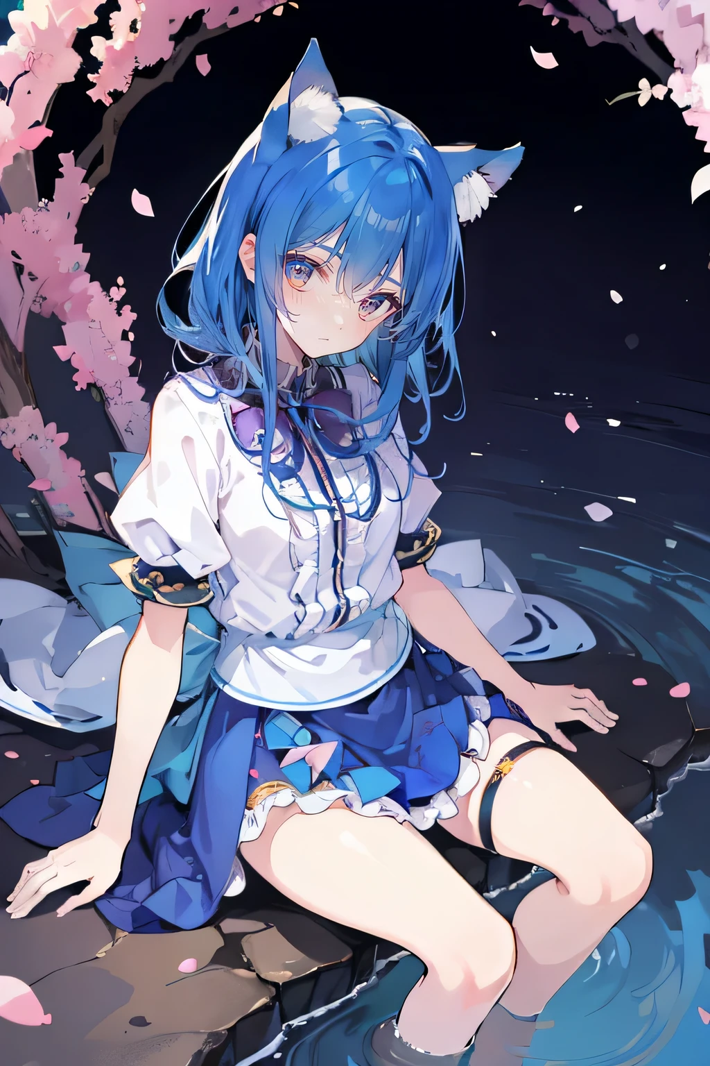(masterpiece:1.2),ultra-detailed,realistic,expressive eyes,fair-skinned,perfectly shaped face,1girl,
Japanese cartoons,Gorgeous blue hair, flowing blue hair,floating clothes,cat ears,petals falling,beautiful Lola,Hina Angel,
hands on waist,gracefully sitting on the ground,legs crossed,gentle and serene background,cool and comfortable pavilion.