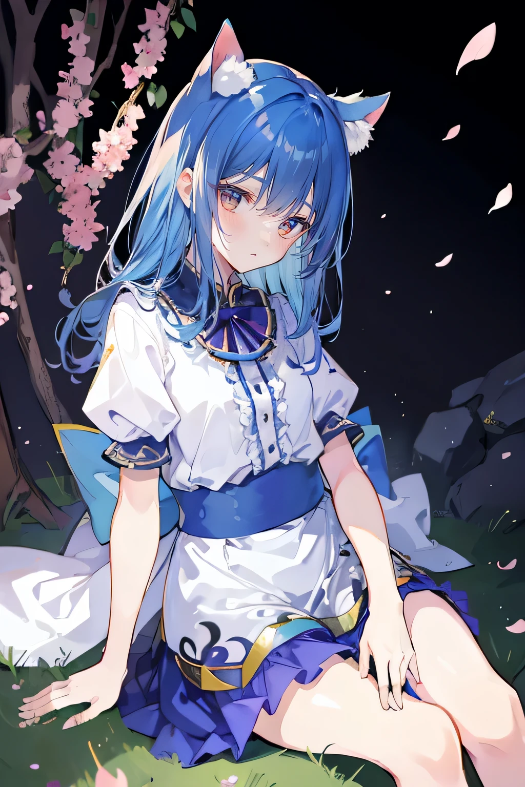 (masterpiece:1.2),ultra-detailed,realistic,expressive eyes,fair-skinned,perfectly shaped face,1girl,
Japanese cartoons,Gorgeous blue hair, flowing blue hair,floating clothes,cat ears,petals falling,beautiful Lola,Hina Angel,
hands on waist,gracefully sitting on the ground,legs crossed,gentle and serene background,cool and comfortable pavilion.