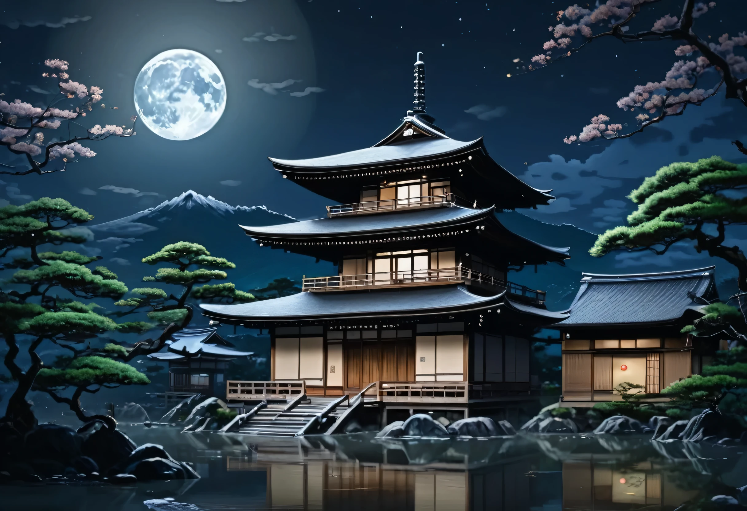 Painting of a Japanese house in the moonlight with a full moon, Japanese art style, Highly detailed digital art in 4K, Beautiful Art UHD 4K, Background artwork, 4K Detailed Digital Art, quiet night. digital illustration, Zen temple background, 4K Highly Detailed Art, Detailed painting 4k, 8k high quality detailed art, Landscape painting, Anime Background Art