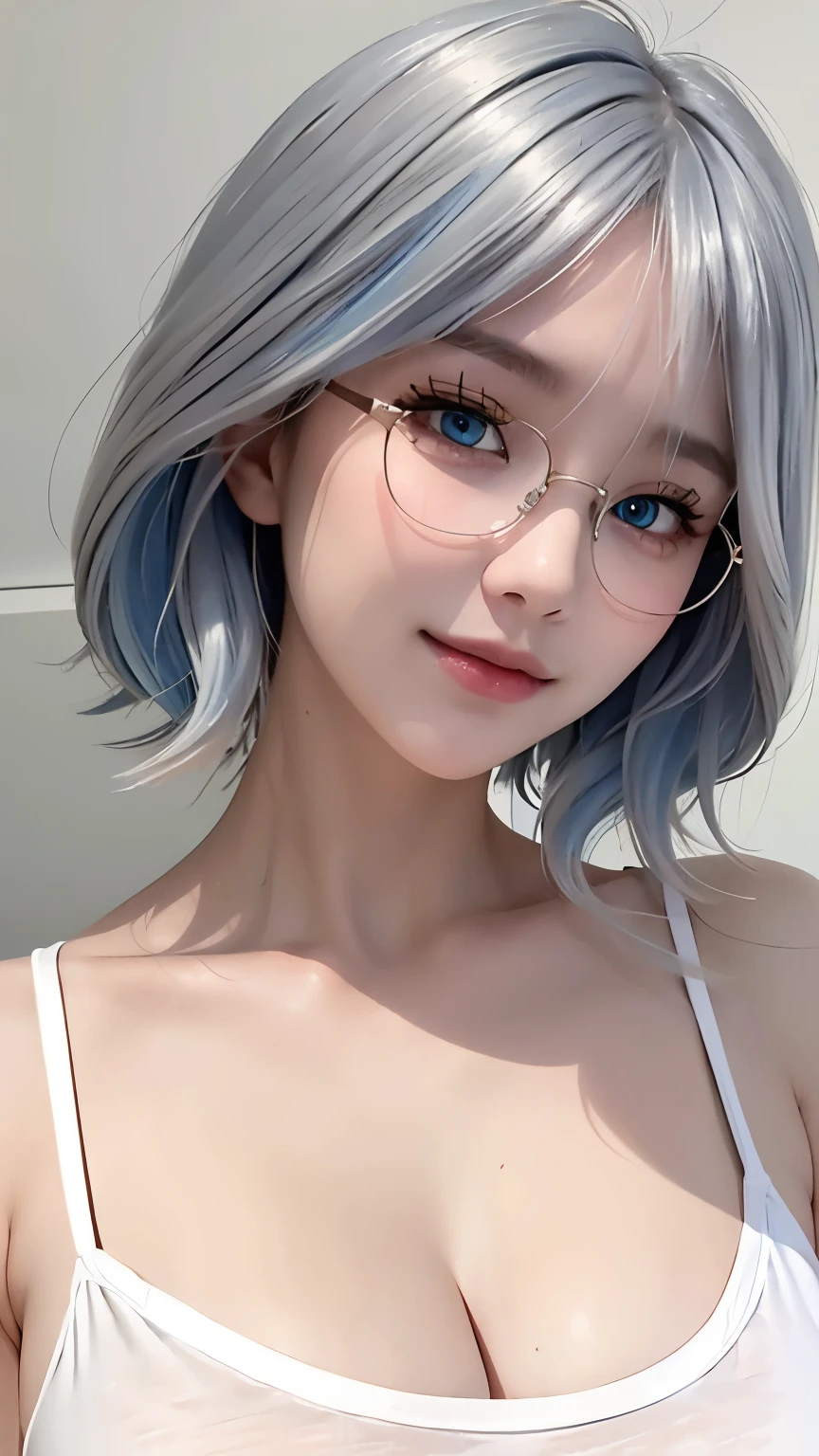((Idle level girl)), masterpiece, Highest image quality, Ultra Detailed, (Perfect body:1.3), (Perfect face+Glasses+Messy hair+Blue hair with gray bob hair), closure, Viewer&#39;the opinion of, she bent down，attract the audience&#39;s concern。Detailed hair,A bright smile、Delicate blue eyes, (lifelike eyes),Professional lighting,huge and saggy breasts, 