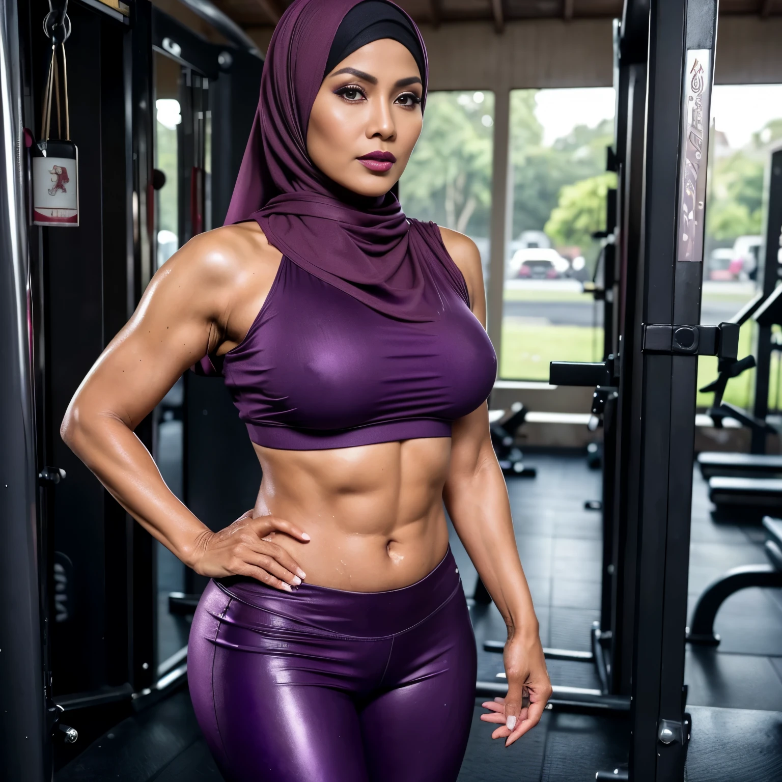 52 years Old, ((Sugar Mama)), ((Beauty Hijab Indonesian Mature woman)), ((Sensual Violet lips)), wet Oily Tanlined through, ((Large Tits)), 196 Inches Tits, Tank Top, Fitness Pants, ((Nailing Polish)), Face full of Make up, Full body, Realistic Detailed Perfect abs, at Gym, Dark light, at Day time, Standing.