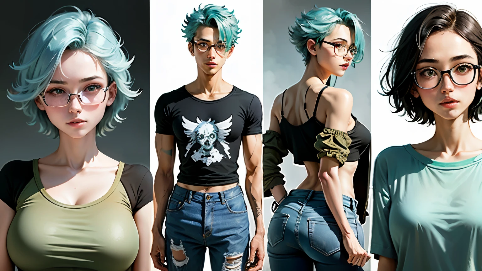 masterpiece, highest quality, One girl, alone, 23 years old, Adult, Turquoise Hair, Messy Hair, Asymmetrical Hair, Ahoge, Very short hair, Aqua Eye, Medium chest, Toned Up, 167cm, Pale skin, Glasses, Grin, Olive green shirt, jeans, Abdominal Peek,