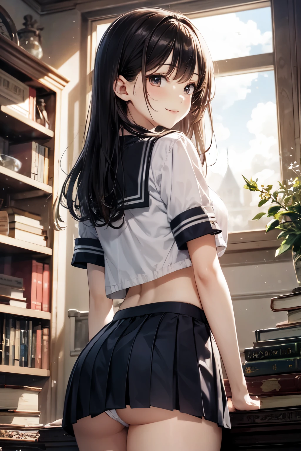 very cute and beautiful girl,(highly detailed beautiful face), (smile),serafuku,pleated navy blue mini skirt, (looking back,from behind),leaning forward,from below,white panties, antique living room,many kind of curio items,books,closet,dusty shelf, black hair,looking at viewer, (best quality,masterpiece:1.0),absurdres,highres,ultra-detailed,extremely detailed,32k,8k resolution, intricate details,cinematic scene,detailed background,solo,dynamic angle, hair fluttering in the wind,beautiful detailed sky,