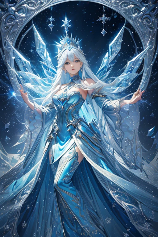 Platinum Tone、((masterpiece)))、(((highest quality)))、((Ultra-detailed))、(Surreal)、(Highly detailed CG illustration)、Light Particles、Hello、Official Art、Fractal Art、snow palace、Moscow in the early 20th century、Blizzard、Full body illumination、The snow queen、Cool Beauty、Adult woman in her 40s、Narrow eyes、Sharp Eyes、Sapphire Eyes、Refined attitude、Gorgeous beauty、Activation of Blizzard magic that freezes everything、Gorgeous Dress、diamond encrusted solo、The perfect angle、Perfect composition、Dynamic Pose