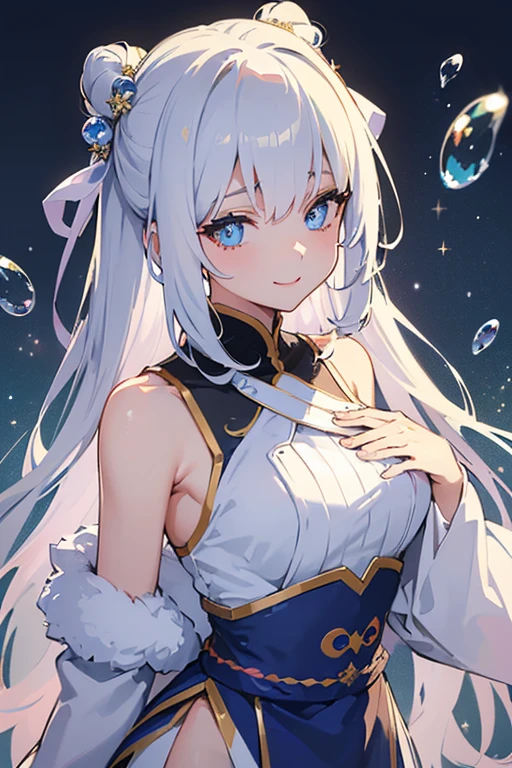 (masterpiece), (highest quality), (Very detailed), (Dirty Hair), (figure), (1 girl) (Long White Hair 1.5) (blue eyes), ((((No shoulders))),Hanfu, (Looking at the audience, (interview), ( background), Beautiful and delicate eyes, Delicate and beautiful face, Soar (High saturation), (Colorful Glitter), Colorful bubbles, (Glitter), Facial accents, Perfect NwsjMajic, Conservative dress, Shoulder less, Winter clothes, Facing the Public, Perfect figure, Happy, A gentle smile