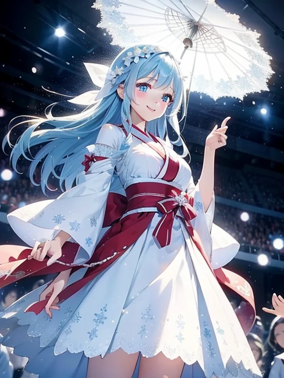1. Snow Fairy , (Standing on a big snowflake ), Close to the audience, Character Focus,movie angle, smile, it's snowing a lot, White kimono, ((masterpiece)), ((highest quality)), ((Very detailed)), (figure), ((Very delicate and beautiful))