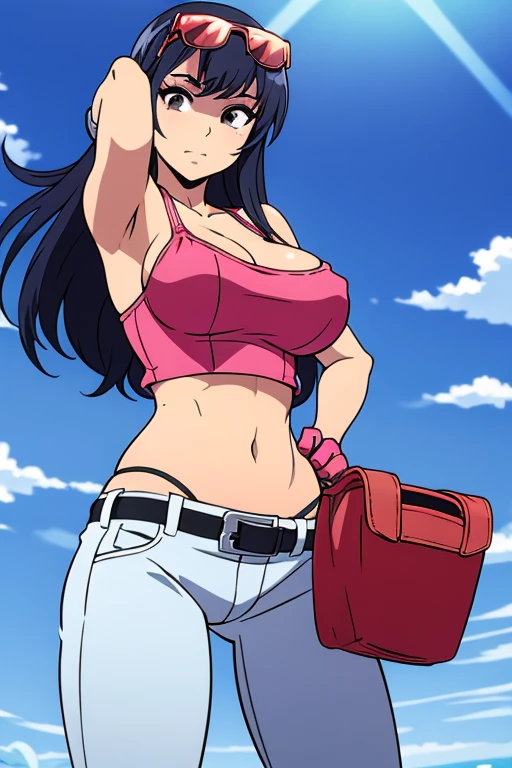 sexy cowgirl in tight spaghetti strap tank top and pants dropping and panty underneath, gloved hands hidden behind head, sunglasses, spitting