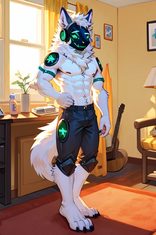 Protogen, (white fur with some green strands of fur), bedroom, happy, male, 8 foot 0, standing, looking at viewer, muscular, naked, smile,