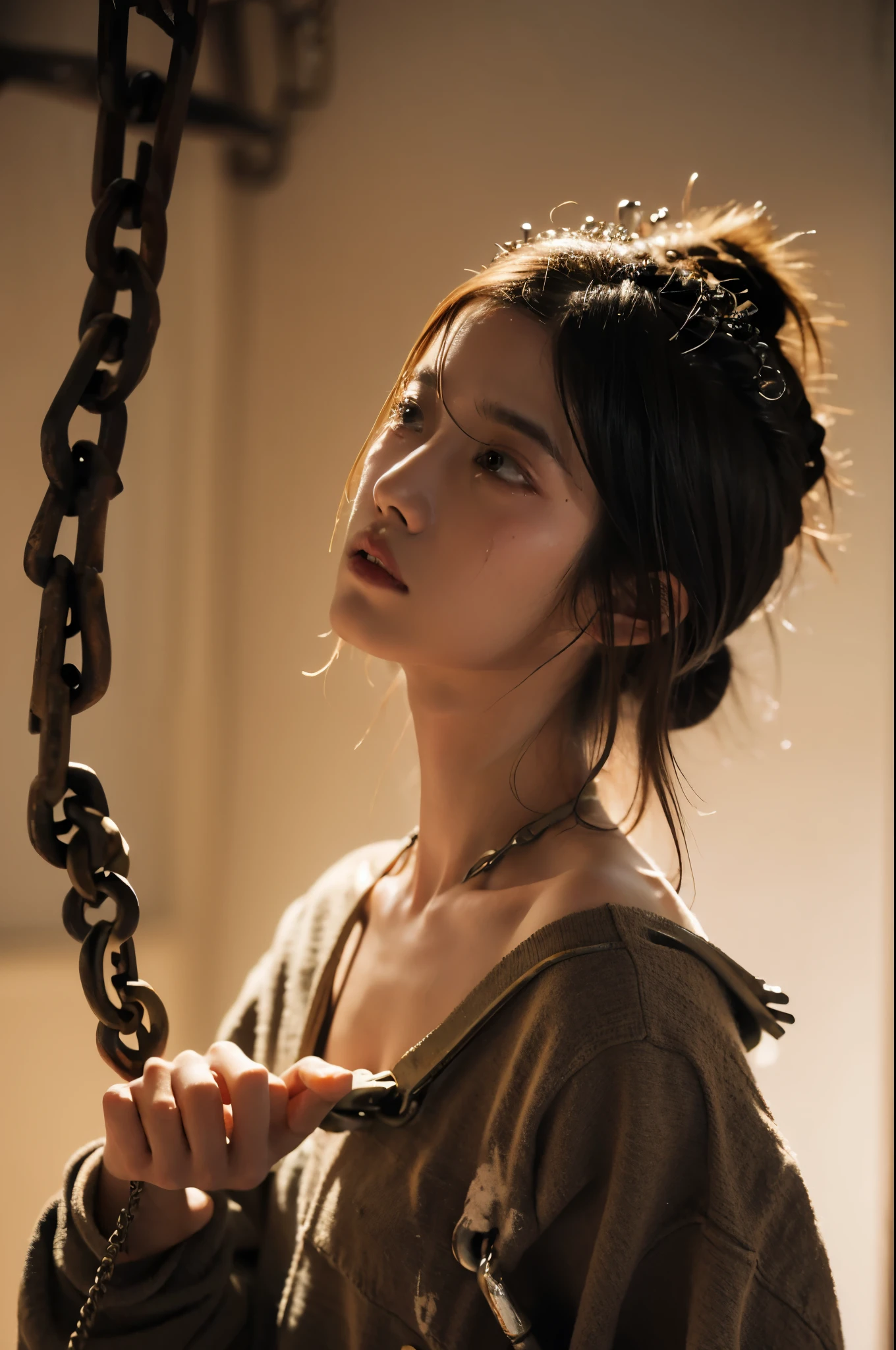 best quality, masterpiece, insanely intricate details, absurdres, photorealistic BREAK 1girl in prison, (wariza sit:1.4), against wall, (naked:1.1), (iron shackles:1.4), chains over body, (full body shot:1.1), right hand, perfect female body, white t-shirt, (broken_clothes:1.2), extremely beautiful face, thick lips, symmetric eyes, (crying:1.3), (tear stains:1.2), (despair:1.3), (teardrop:1.3), detailed face, high ponytail, hair between eyes, messy hair, eyelashes, (looking at viewer:1.1), (dimly lit:1.3), (dark dungeon:1.2), (shackles:1.2),