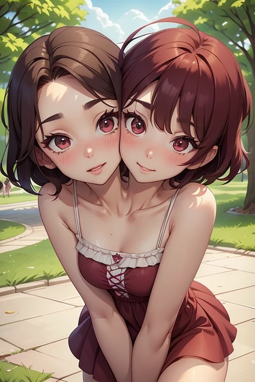 2 heads, a short skinny woman with 2 heads. Outside in a park. Thin gorgeous face. Short sundress. Young. Happy. Flirty. Seductive. Short. Wild messy maroon hair. Cute. Girlfriend. Short, small and cute. Close up. Blushing. In love.