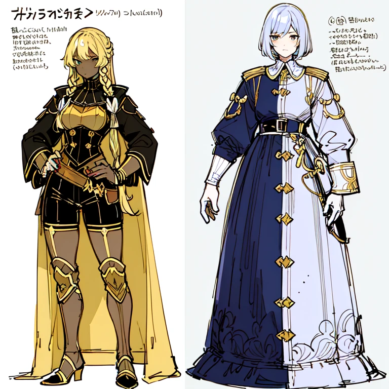 (Character Design Sheet, (((same character))), front, Side, back), 2D anime style, 1 person, asexual, long bangs, golden eyes, Brilliant eyes,cute art style, anime style illustration, from Kamagurka, in pixiv, pixiv style, pixiv, whole body commission, knight, dark skin, soldier