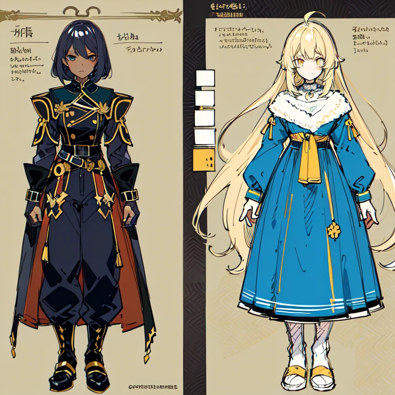 (Character Design Sheet, (((same character))), front, Side, back), 2D anime style, 1 person, asexual, long bangs, golden eyes, Brilliant eyes,cute art style, anime style illustration, from Kamagurka, in pixiv, pixiv style, pixiv, whole body commission, knight, dark skin, soldier