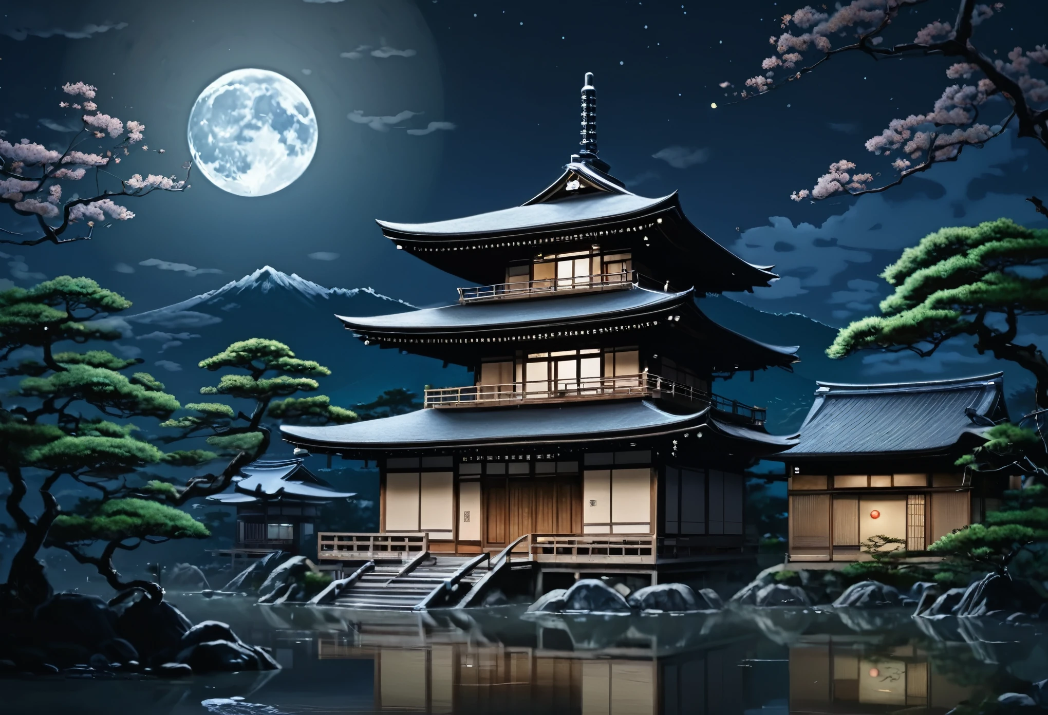 Painting of a Japanese house in the moonlight with a full moon, Japanese art style, Highly detailed digital art in 4K, Beautiful Art UHD 4K, Background artwork, 4K Detailed Digital Art, quiet night. digital illustration, Zen temple background, 4K Highly Detailed Art, Detailed painting 4k, 8k high quality detailed art, Landscape painting, Anime Background Art