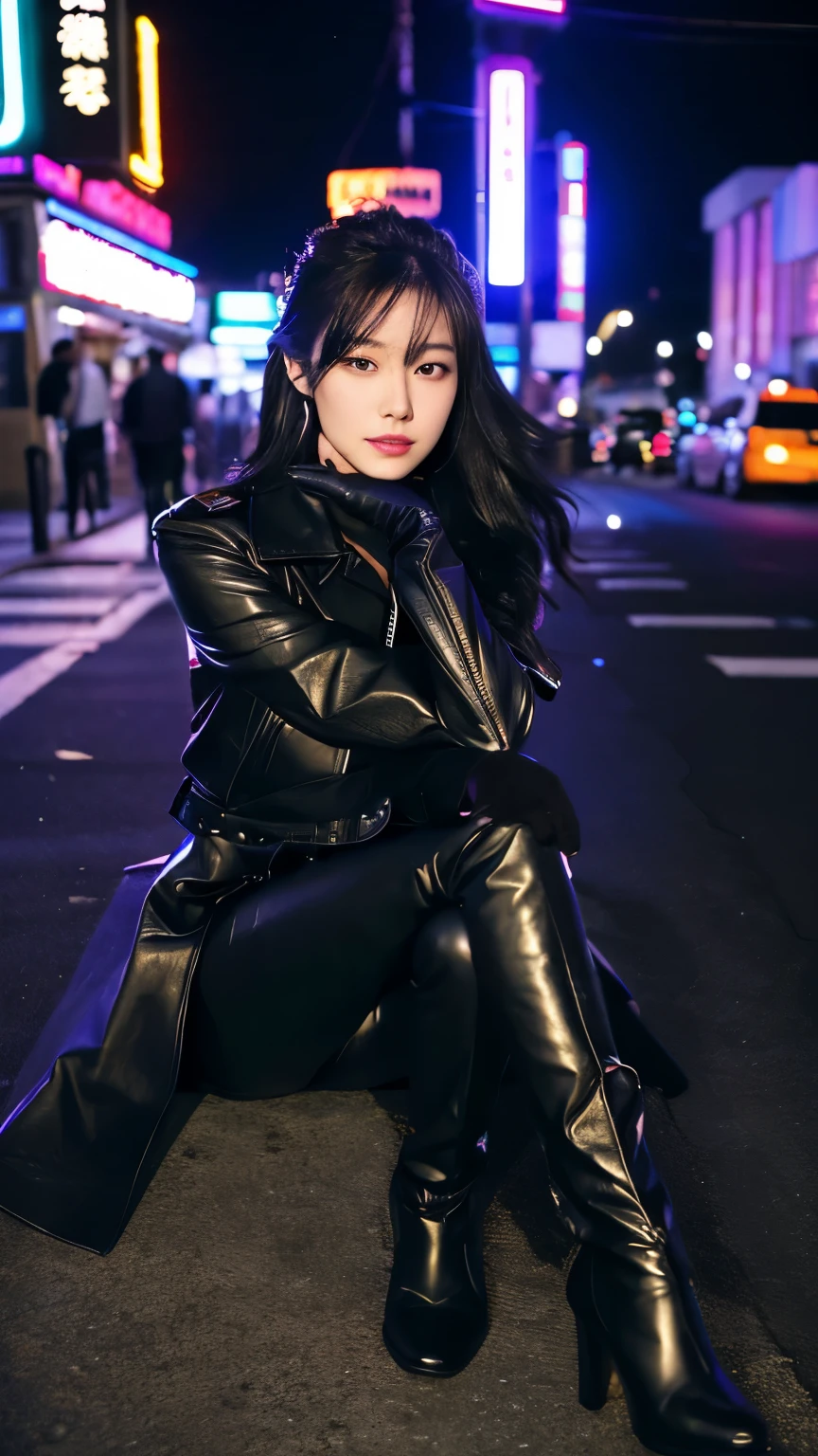 black leather rider jacket, Office in the Dark, Black leather gloved fingertips on both hands,Wearing black leather gloves,Sitting in a black leather chair、 Japanese female new recruits (Black leather gloves cover both hands) (The angle is horizontal)、Black Leather Pants,Black Leather Black Leather Pants,Black Leather Skinny Pants、Long black leather boots on both feet、Black hair ponytail ((He wears black leather gloves on his hands))Full Body Photo,full body shot full body full body leather suit,☺If you turn in this direction。Wearing black leather gloves,Wearing black leather gloves,Wearing black leather gloves,Wearing black leather gloves,Wearing black leather gloves,Wearing black leather gloves,黒のレザーパンツが美しい😍黒のレザーパンツが美しい😍黒のレザーパンツが美しい,😍Smiling while looking at me,City lights、((Neon Cyberpunk City Street:1.3))、(Neon Light)、Detailed lighting、
Best image quality、Ultra-high resolution、(realism:1.4)、Korean Beauty Star、The most beautiful KPOP stars、face、Horny Korean Makeup、A body that makes you want to touch it、Realistic leather texture、Costume made of smooth leather fabric、The drape of the curved parts of the leather fabric、The costume is very shiny、Quality of the costume、8K Photo Quality
