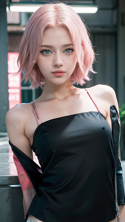 young woman, short shoulder-length pink hair, wide forehead, porcelain skin, pink eyebrows, big emerald green eyes, buttoned nose, full lips, heart-shaped face, slender body, small breasts, red tank top, Sakura Haruno , realistic, realism, details, 3d, well detailed