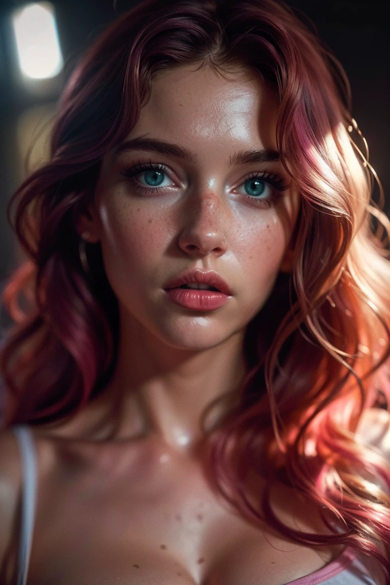 (((ultra realistic))) Photo, masterpiece, top quality, (pale skin), (Ultra detailed face and eyes:1.3), 1 girl, Adult, in a T-shirt, (Eye makeup, mascara) , ((large detailed lips)), ((Pink wavy hair)), ((Chyolka)) , (Natural breasts), Slim waist. ((Posing)), photoshoot, studio (soft lighting), (The play of light and shadows), depth of field, bokeh, (special attention to skin detail: 1.2), Detailed leather texture, skin pores. (Warm atmosphere of the frame. Color range: black, purple, Pink, blue tones), UDR, ((Film grain)), ((rays)), ((Glare)), ((waist up portrait)) , ultra detialed,