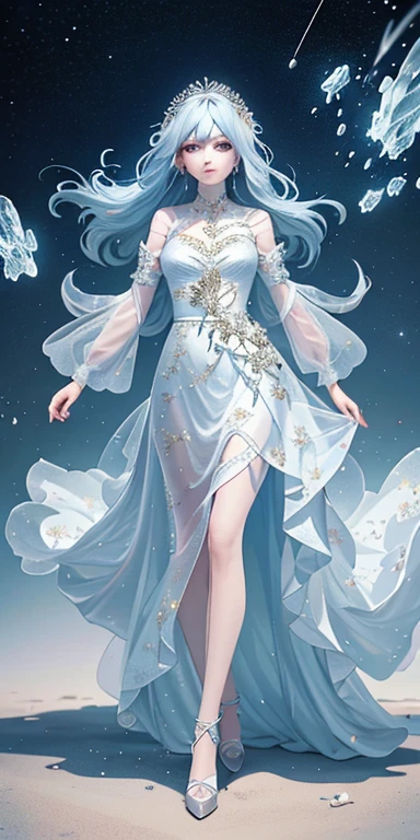 (The best quality at its best,masterpiece),One girl,Milky Way,Sparkling,Long dress,particle,Wind,Floral,Full Body Lesbian,Dark simple background,View your viewers,Sky blue hair girl,Long white hair