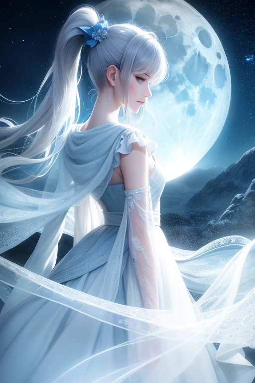 masterpiece, (highest quality: 1.2), (Super quality: 1.2), figure, (Very delicate and beautiful: 1.2), Film Angle, floating, (Beautiful detailing: 1.1), (Detail Light: 1.1), Film Light, delicate sky, woman, Gray Hair, blue eyes, (High Ponytail: 1.1), Cape, Glowing Eyes, (moon: 1.2), (moonlight: 1.1), Starry Sky, (Particles of light: 1.1), fog , Snow Painting, sketch, flowering