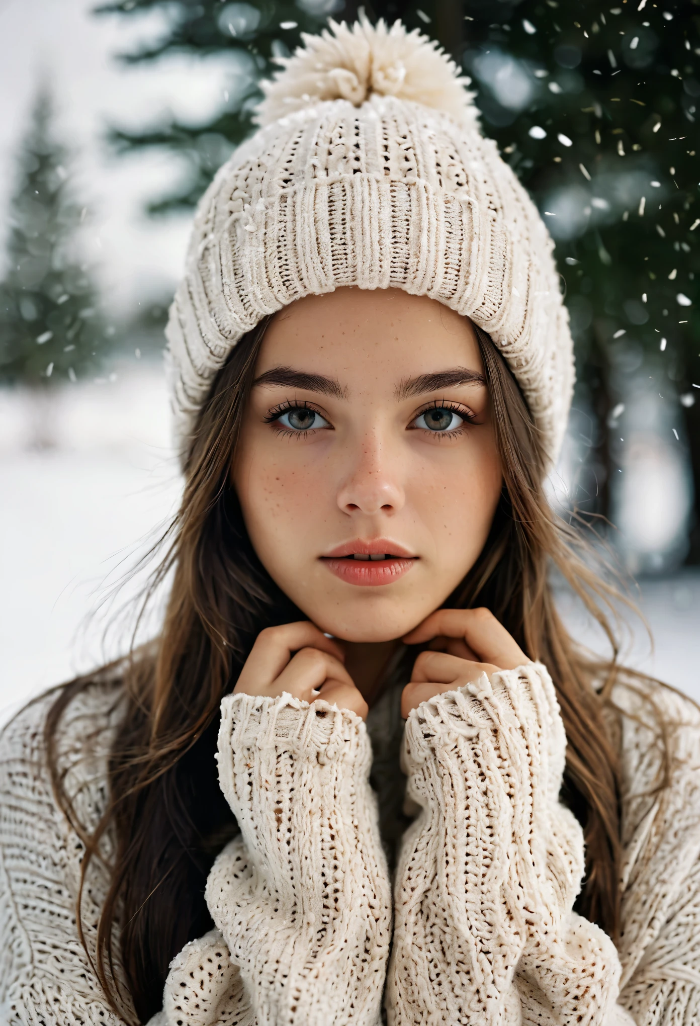 masterpiece, best quality, analogue photo of adult girl in sweater and sweater hat, looking at viewer, long hair, extremely beautiful detailed face, medium breasts, (cute face, temptations look), head shot, hold cheeks with hands, snowing background, high key lighting, eye level, Leica M3, Ektar 100, 50mm, (vignette photography), (professional photo, balanced photo, balanced exposure) masterpiece, best quality, analogue photo of 1girl, extremely beautiful detailed face, best shadow, medium breasts, white shirt, simple background