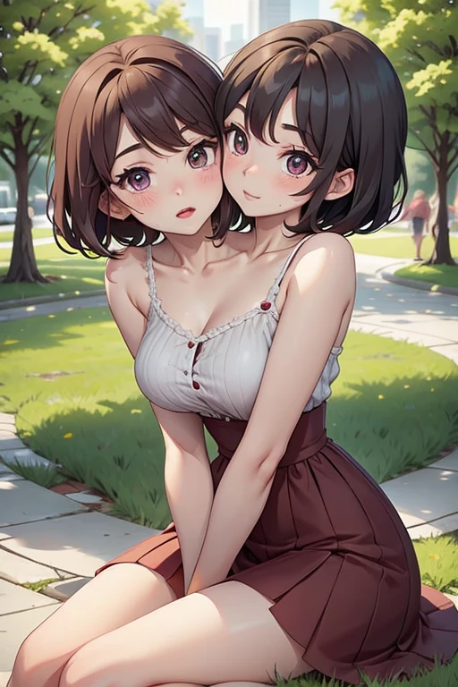 2 heads, a short skinny woman with 2 heads. Outside in a park. Thin gorgeous face. Short sundress. Young. Happy. Flirty. Seductive. Short. Wild messy maroon hair. Cute. Girlfriend. Short, small and cute. Close up. Blushing. In love. Kiss, kissing, kissing each other. 