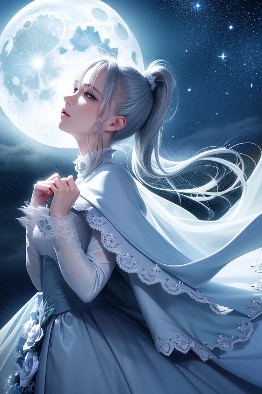 masterpiece, (highest quality: 1.2), (Super quality: 1.2), figure, (Very delicate and beautiful: 1.2), Film Angle, floating, (Beautiful detailing: 1.1), (Detail Light: 1.1), Film Light, delicate sky, woman, Gray Hair, blue eyes, (High Ponytail: 1.1), Cape, Glowing Eyes, (moon: 1.2), (moonlight: 1.1), Starry Sky, (Particles of light: 1.1), fog , Snow Painting, sketch, flowering