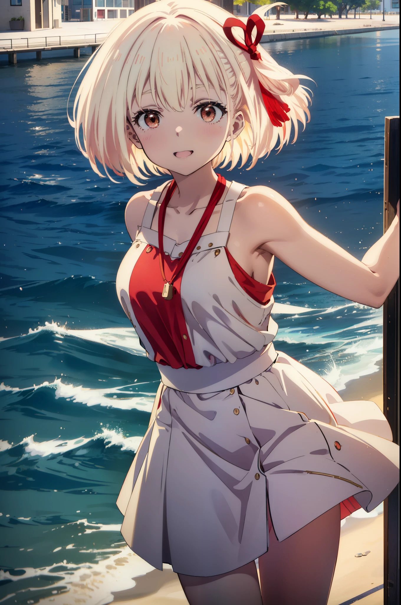 chisatonishikigi, Chisato Nishikigi, Short Hair, bangs, blonde,Bobcut, White hat(Red eyes:1.5),  Hair Ribbon,One side up,happy smile, smile, Open your mouth,smile,blush,Red sleeveless dress,White long skirt,Bare arms,Bare neck,Rocket Pendant,Cute Sandals,real summer,sunny,It&#39;s as if your whole body is in the illustration., break outdoors, coastal,City Street, break looking at viewer, (Cowboy Shot:1.5), break (masterpiece:1.2), highest quality, High resolution, unity 8k wallpaper, (shape:0.8), (Beautiful details:1.6), Highly detailed face, Perfect lighting, Highly detailed CG, (Perfect hands, Perfect Anatomy),