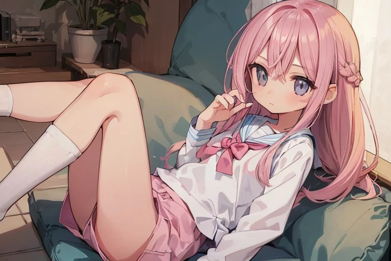 Beautiful illustrations, highest quality, (:1.4)、(pretty girl:1.5)、、、Flat Chest、Sailor collar、(White long tunic)、Long sleeve sailor suit、Blue-line cuffs、(Pink Chino Shorts:1.7)、(Pink shorts with wide openings:1.8)、Gap between thighs and shorts、Thin thighs、White socks、 Cinema Lighting, (Pink Long Hair)、Pink Straight Hair、Redness on the cheeks、(Braiding of the back of the head)