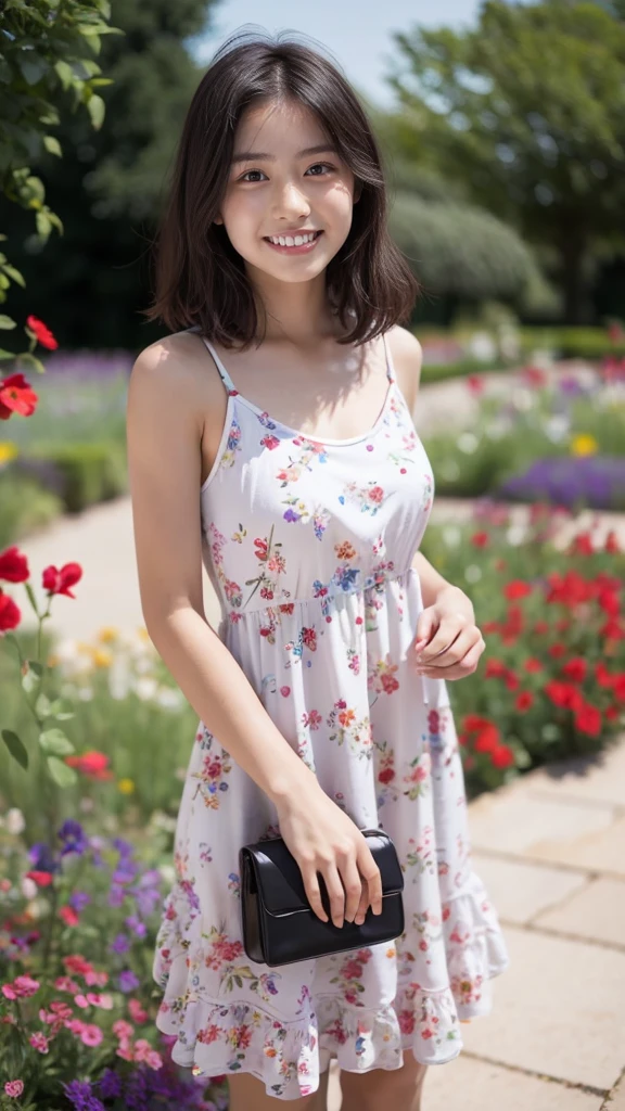 masterpiece, highest quality, disorganized, perfect anatomy, 1 girl, alone, pascal tales, short hair, beautiful, Hilarious, sunny day, botanical garden, Summer winds, sundress, Floral, wavy hair, smile