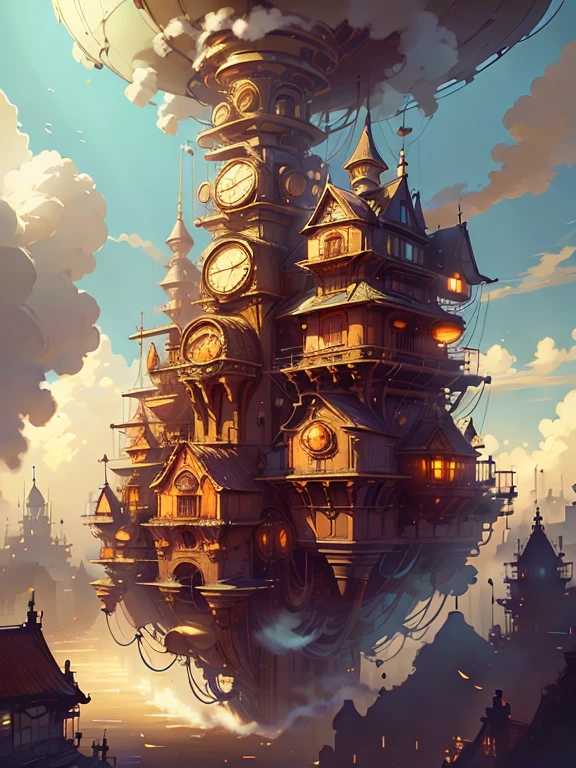 Masterpiece, high quality, steampunk, floating city, the background is a blue sky with floating clouds
