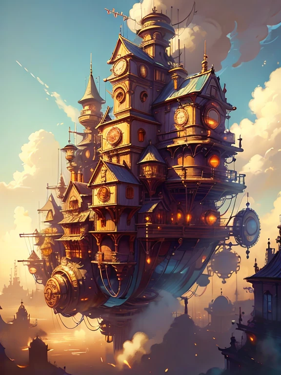Masterpiece, high quality, steampunk, floating city, the background is a blue sky with floating clouds