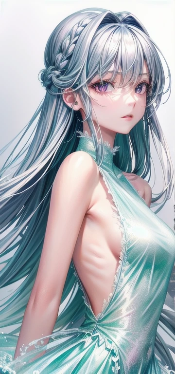 (masterpiece, highest quality:1.2), 8k, 85mm, RAW Photos, Absurd, white and cyan theme, (Liquid clothing, Liquid Dress:1.4), Gray Hair, Purple eyes, x Hair accessories, White rose in hair, Emilia Les:zero, Gradient Dress, braid one's hair, Long Hair, Delicate girl, Upper Body, Close-up face, Shiny skin, Married women, Displaying the viewer, High resolution, Sharp focus, particle, Twilight Sky, Detailed eyes and face, Gray Hair, Simple Background，naked, Medium bosom，下半身naked，nakedの胸