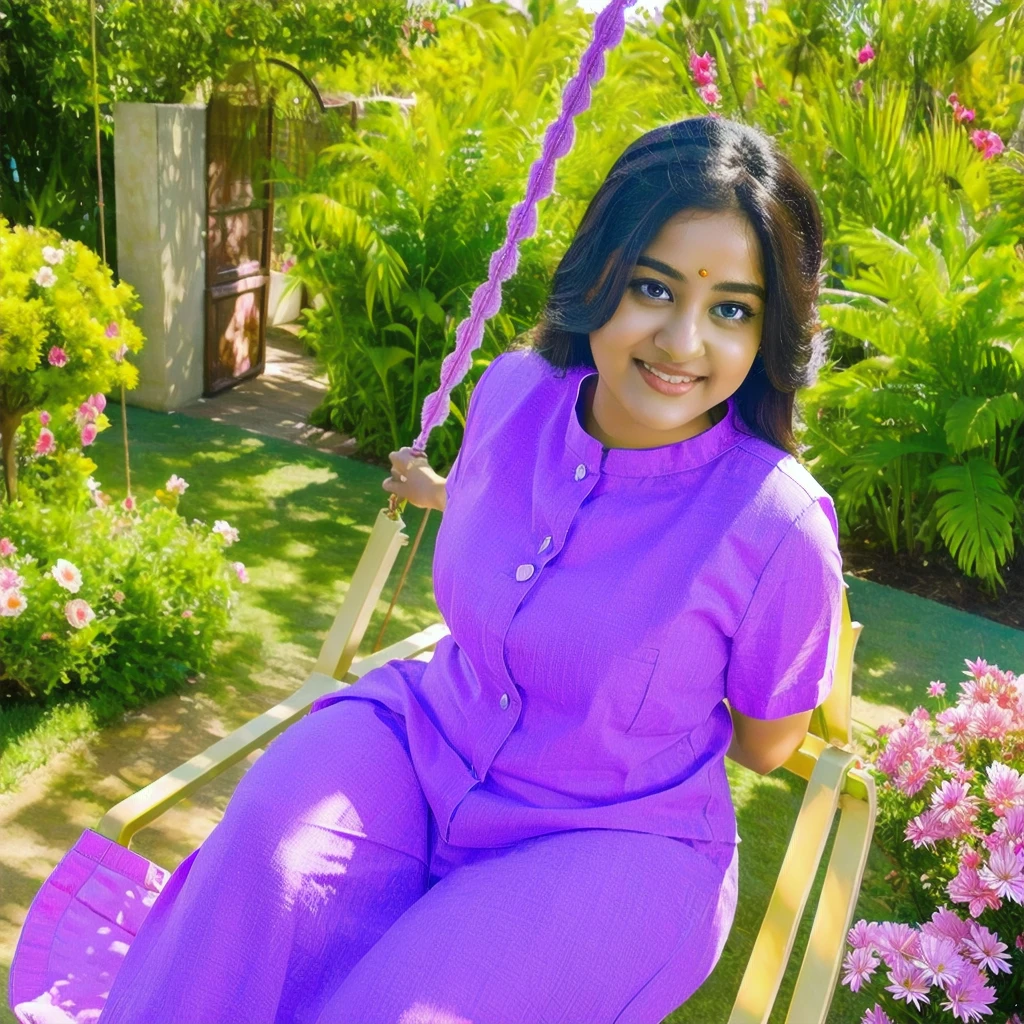 (masterpiece, best quality:1.2), Pallabi wearing a Lower_thigh_above nightsuit, soft pastel colors, dreamy lighting, beautiful detailed eyes, long eyelashes, radiant smile, sitting on a swing in a blooming garden, surrounded by vibrant flowers and lush greenery, with a gentle breeze blowing her hair, capturing a moment of pure joy and serenity.