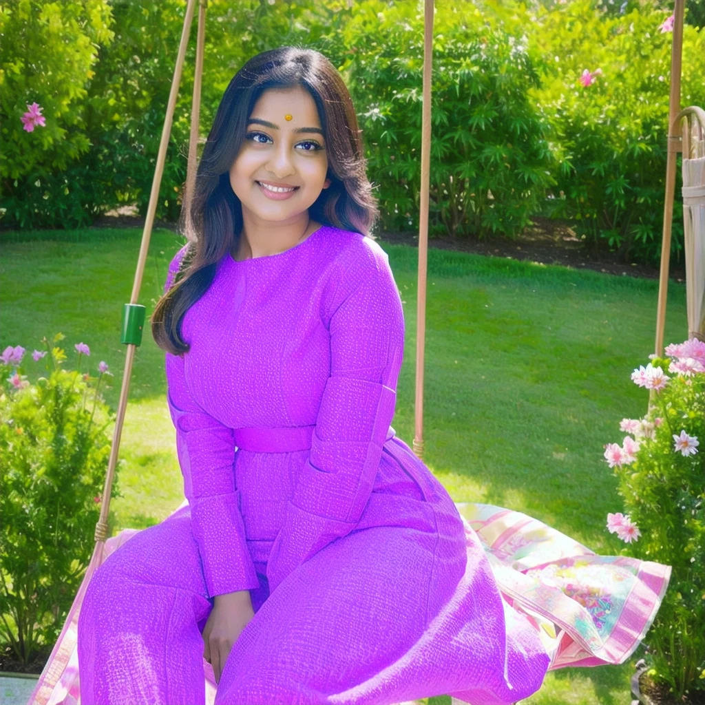 (masterpiece, best quality:1.2), Pallabi wearing a Lower_thigh_above nightsuit, soft pastel colors, dreamy lighting, beautiful detailed eyes, long eyelashes, radiant smile, sitting on a swing in a blooming garden, surrounded by vibrant flowers and lush greenery, with a gentle breeze blowing her hair, capturing a moment of pure joy and serenity.