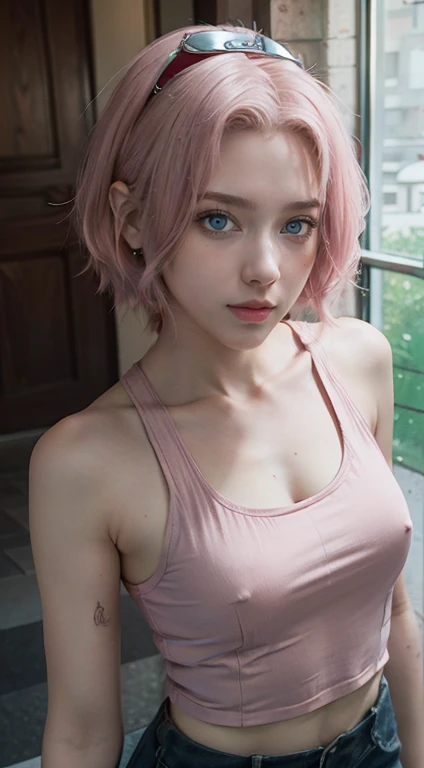 young woman, short shoulder-length pink hair, wide forehead, porcelain skin, pink eyebrows, big emerald green eyes, buttoned nose, full lips, heart-shaped face, slender body, small breasts, red tank top, Sakura Haruno , realistic, realism, details, 3d, well detailed