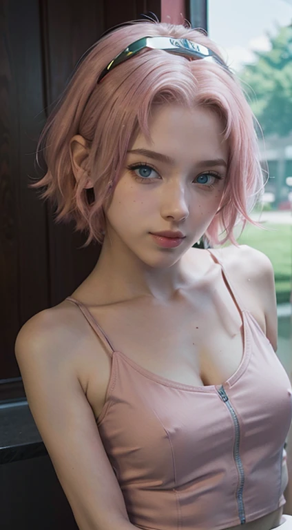 young woman, short shoulder-length pink hair, wide forehead, porcelain skin, pink eyebrows, big emerald green eyes, buttoned nose, full lips, heart-shaped face, slender body, small breasts, red tank top, Sakura Haruno , realistic, realism, details, 3d, well detailed
