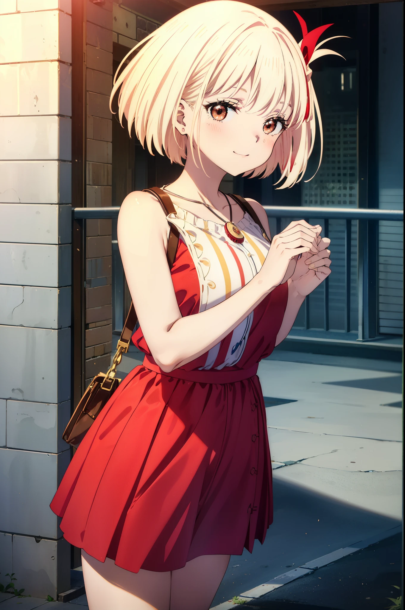 chisatonishikigi, Chisato Nishikigi, Short Hair, bangs, blonde,Bobcut, White hat(Red eyes:1.5), Hair Ribbon,One side up,happy smile, smile, Open your mouth,smile,blush,Red sleeveless dress,White long skirt,Bare arms,Bare neck,Rocket Pendant,Cute Sandals,real summer,sunny,It's as if your whole body is in the illustration., break outdoors, coastal,City Street, break looking at viewer, (Cowboy Shot:1.5), break (masterpiece:1.2), highest quality, High resolution, unity 8k wallpaper, (shape:0.8), (Beautiful details:1.6), Highly detailed face, Perfect lighting, Highly detailed CG, (Perfect hands, Perfect Anatomy),