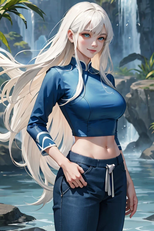 (masterpiece:1.2, highest quality), (live-action, Intricate details), 1 Female, alone, superior半身, casual, Long Hair, Minimal makeup, Natural materials, Close-up face, smile, smile, Very long light platinum blonde hair, really Long Hair, bangs, Voluminous Hair, Green Eyes, big breasts, big , big , Aquatic Clothing, Blue clothes, pants, superior, water tribe pants, water tribe superior, Korean bangs, cute bangs, Mature Face, 1 adult, 1 female, 1 female, (Aquatic Uniform), Water Bender, Blue clothes, Fur clothing, Controlling Water (Avatar: The Last Airbender)