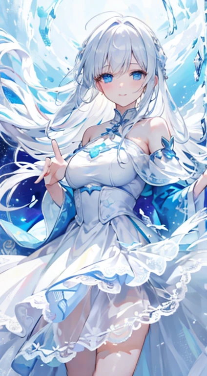 nature,,The beauty of high coolness,but、Particularly attached to the protagonist,Snow and ice control Long white hair,Crystal Blue Eyes,Long blue off-the-shoulder dress,White lace,Put your hands on the hem of your skirt,Smile lightly,frozen,ice magic,girl,Medium meat
