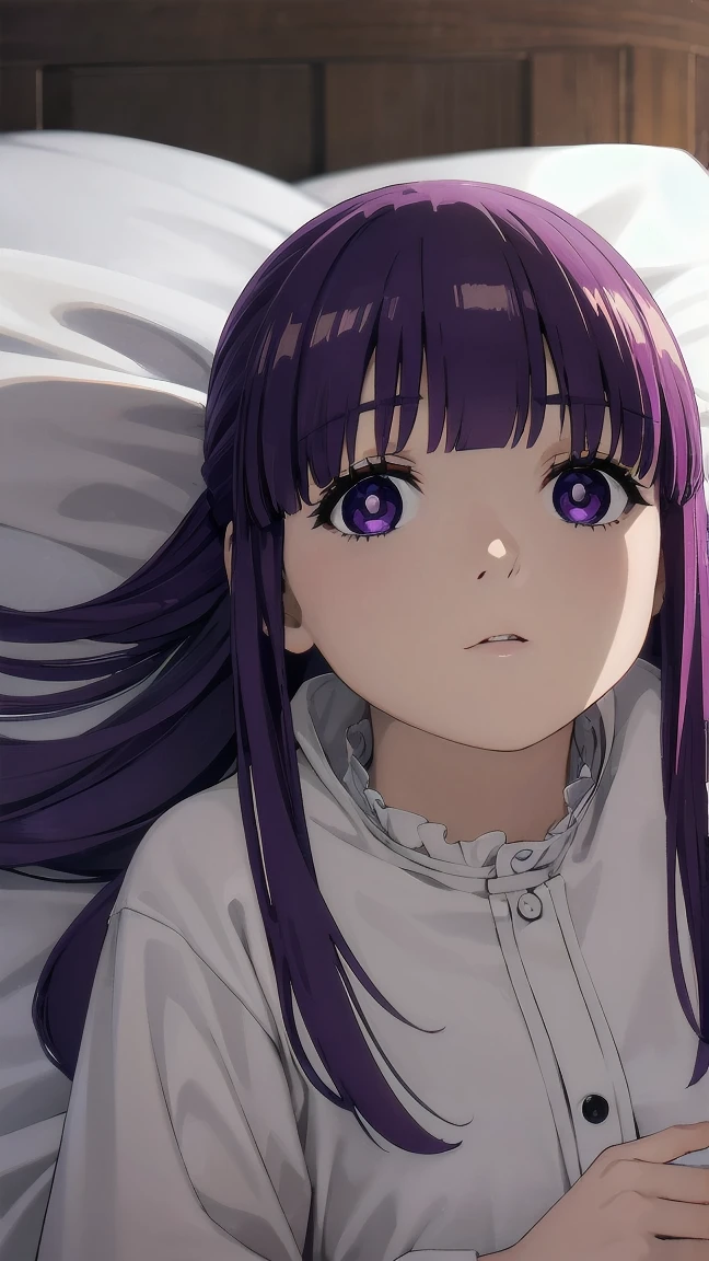 (((Pixel Perfect, Perfect detail))), One girl, alone, From above, Fern, Long Hair, bangs, (Purple eyes:1.1), Purple Hair, Side Lock, blunt bangs, (Bright Eyes:1.5), Half Up,(Lying in bed:1.3), whole body