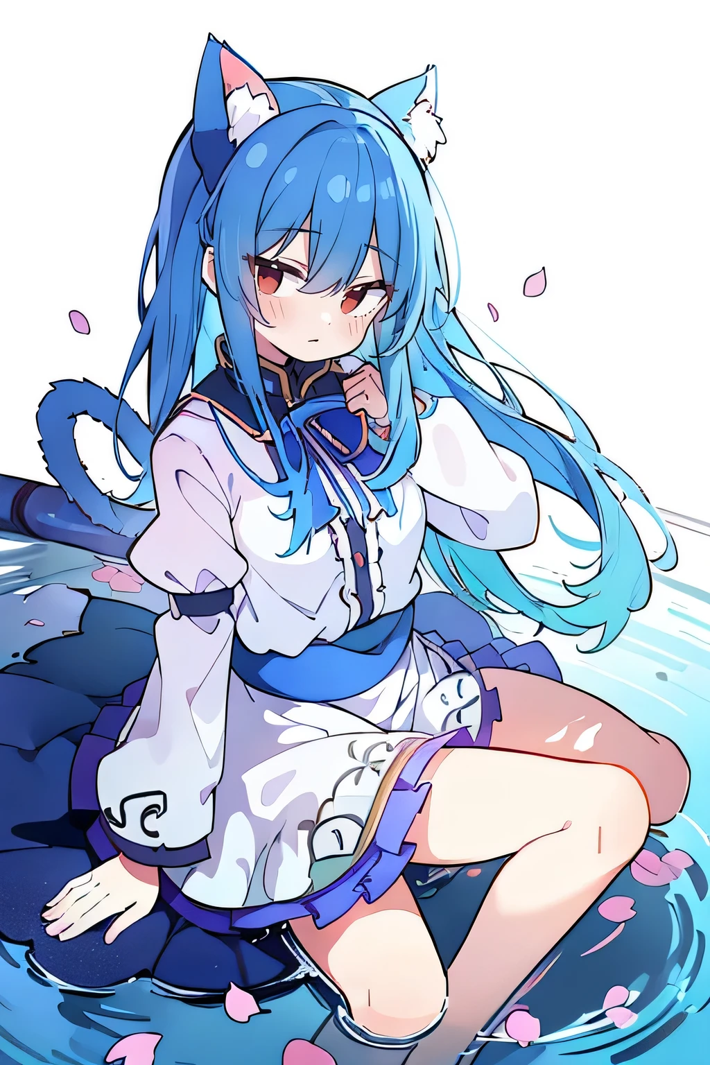 (masterpiece:1.2),ultra-detailed,realistic,expressive eyes,fair-skinned,perfectly shaped face,1girl,
Japanese cartoons,Gorgeous blue hair, flowing blue hair,floating clothes,cat ears,petals falling,beautiful Lola,Hina Angel,
hands on waist,gracefully sitting on the ground,legs crossed,gentle and serene background,cool and comfortable pavilion.