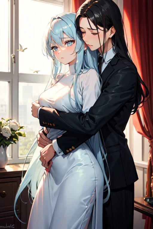 A girl(light blue long hair)(sad expression) 
Hugging her husband