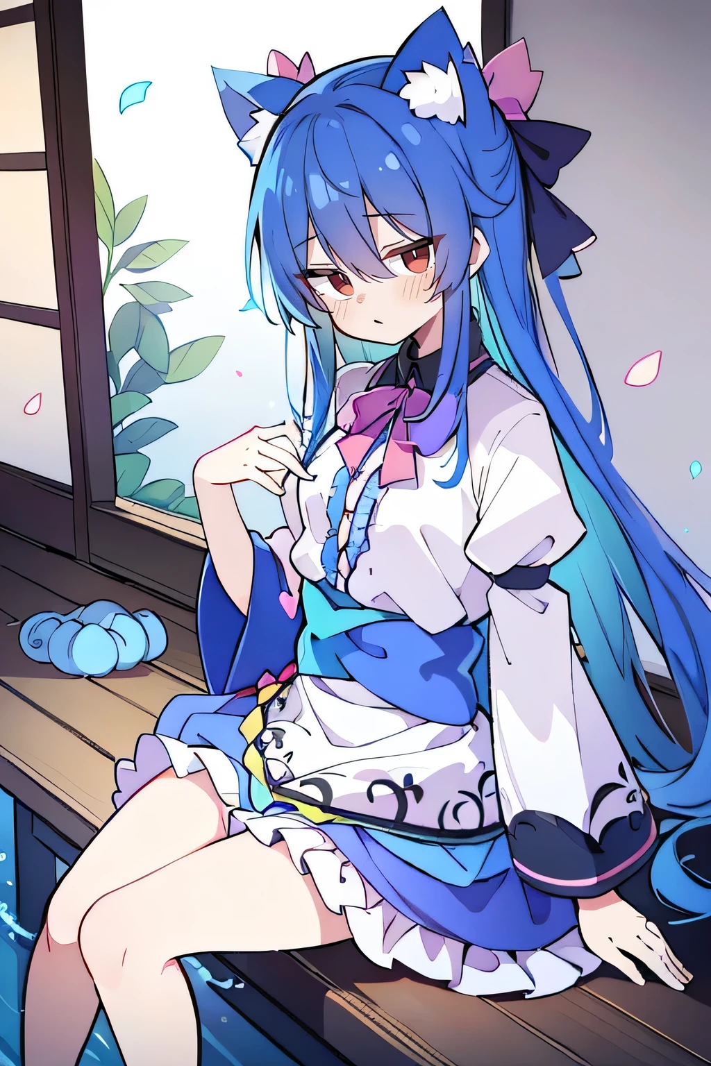 (masterpiece:1.2),ultra-detailed,realistic,expressive eyes,fair-skinned,perfectly shaped face,1girl,
Japanese cartoons,Gorgeous blue hair, flowing blue hair,floating clothes,cat ears,petals falling,beautiful Lola,Hina Angel,
hands on waist,gracefully sitting on the ground,legs crossed,gentle and serene background,cool and comfortable pavilion.