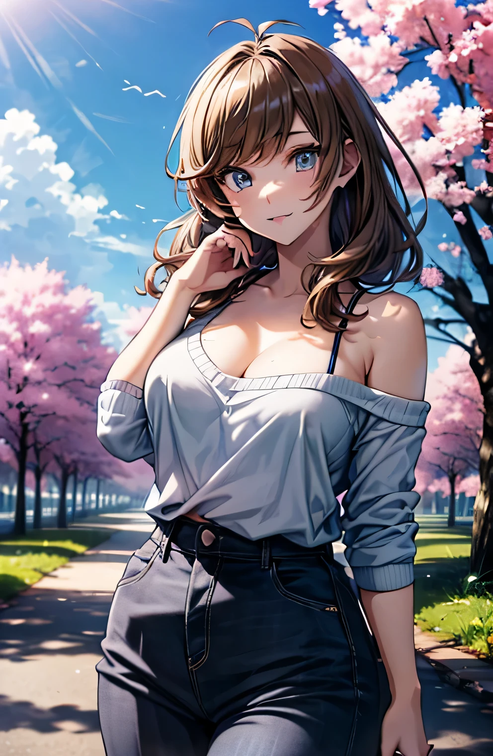 Anime illustration、highest quality、A short and plump high school girl、Off-the-shoulder shirt、Low-rise pants、Cherry-blossom viewing、Cherry blossom trees along the bank、Perfect proportions、overwhelmingly big breasts、Beautiful, shining eyes、Cowboy Shot、Blushed、smile