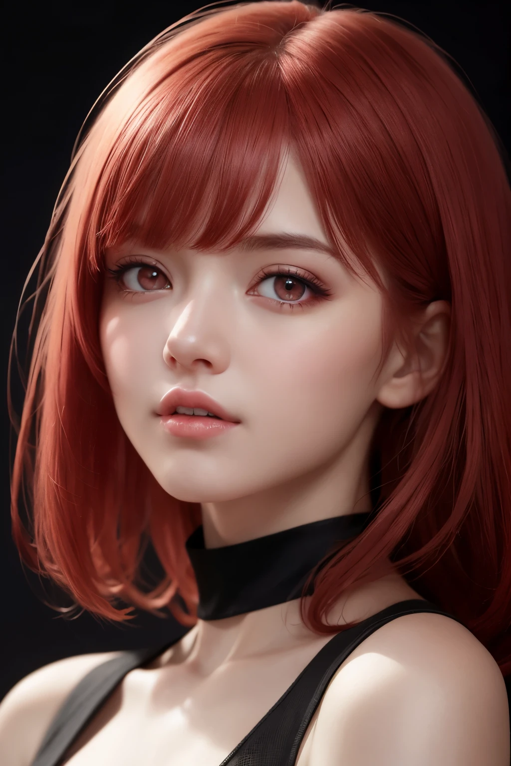 1girl, star eye, blush, perfect illumination, red hair, red eyes, unreal engine, sidelighting, detailed face, bangs, bright skin, simple background, dark background,