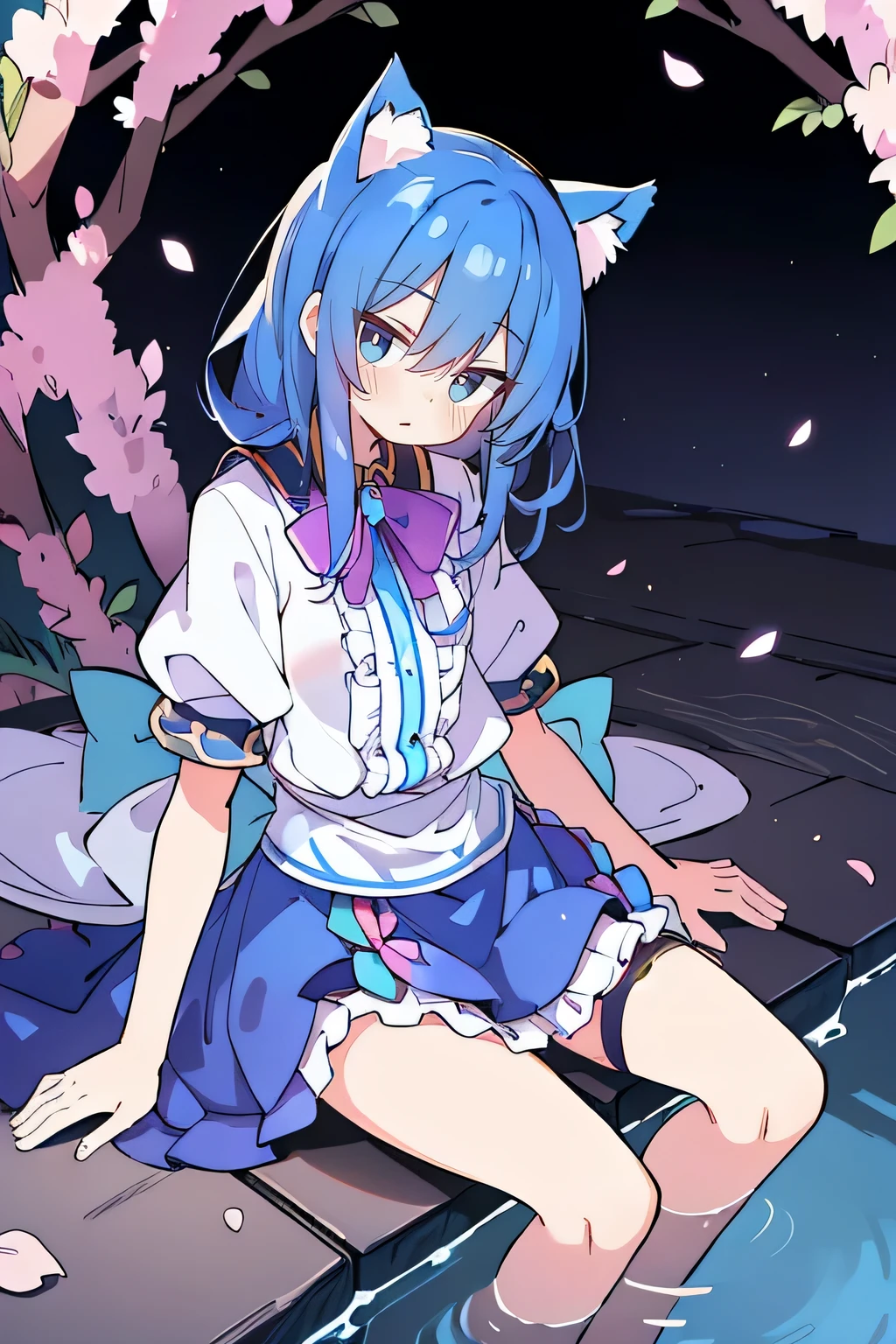 (masterpiece:1.2),ultra-detailed,realistic,expressive eyes,fair-skinned,perfectly shaped face,1girl,
Japanese cartoons,Gorgeous blue hair, flowing blue hair,floating clothes,cat ears,petals falling,beautiful Lola,Hina Angel,
hands on waist,gracefully sitting on the ground,legs crossed,gentle and serene background,cool and comfortable pavilion.