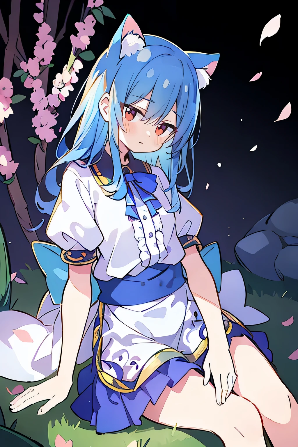 (masterpiece:1.2),ultra-detailed,realistic,expressive eyes,fair-skinned,perfectly shaped face,1girl,
Japanese cartoons,Gorgeous blue hair, flowing blue hair,floating clothes,cat ears,petals falling,beautiful Lola,Hina Angel,
hands on waist,gracefully sitting on the ground,legs crossed,gentle and serene background,cool and comfortable pavilion.