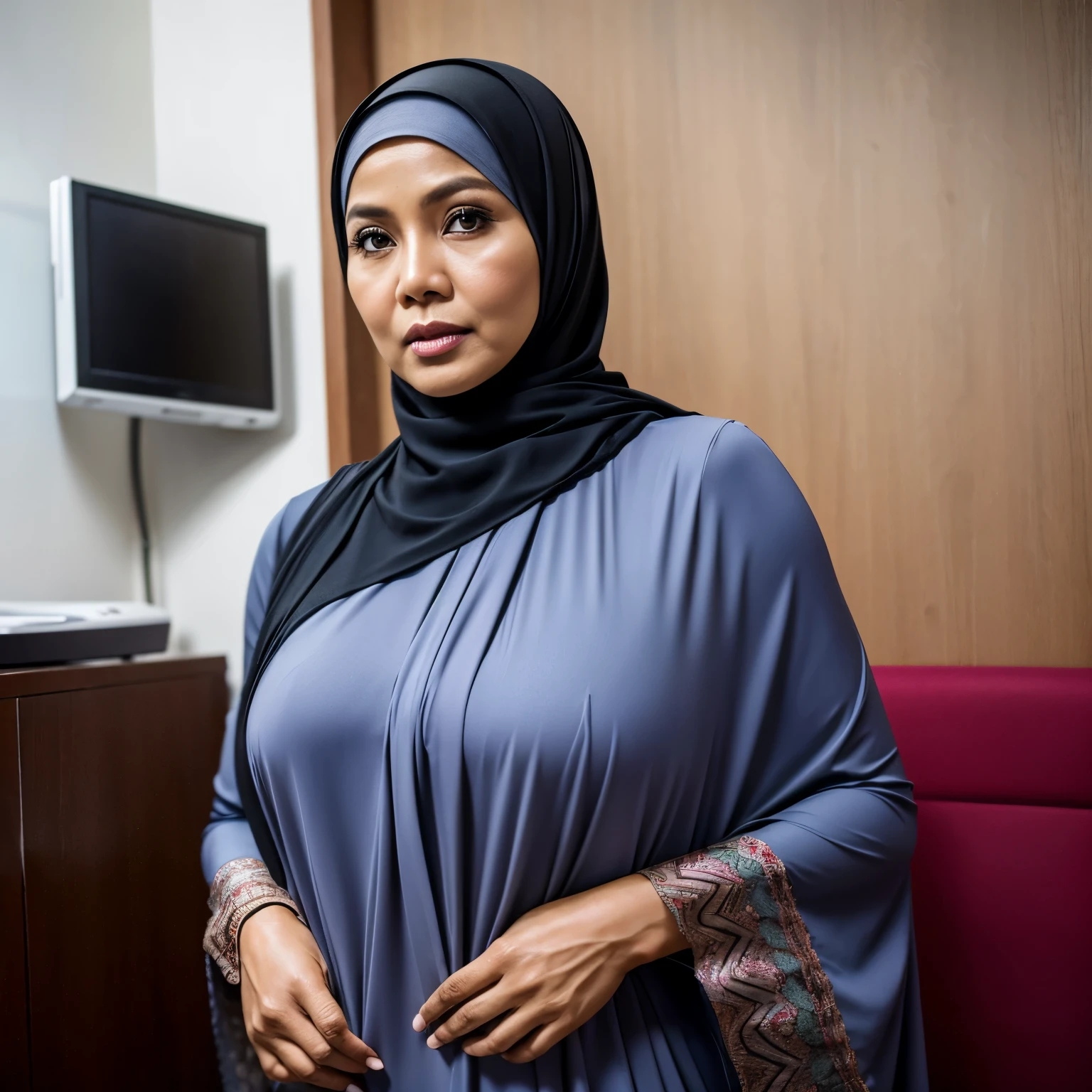 52 years Old, Hijab Indonesian mature woman, Fake Largest , Gamis, Slim body, Breast about To burst out, at doctor office, Dark light, at Daytime