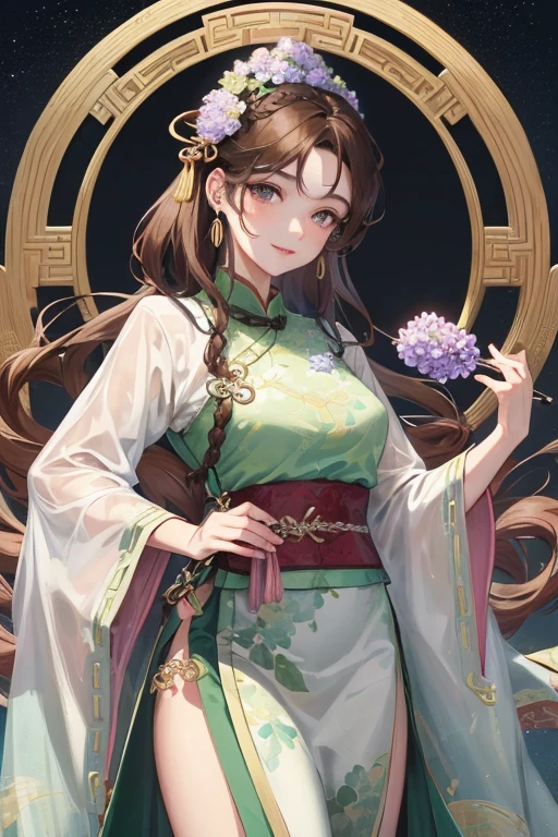 masterpiece, highest quality, night, full moon, 1 girl, Mature Woman, Chinese style, ancient China, younger sister, Imperial younger sister, smile, Brown Hair, Princess Cut, Fried dough twisted and braided, Curly Hair, Double Ball Head, Light pink lips, Calm, intellectual, Mid-length hair, Green pupil, hairpin, Hydrangea,