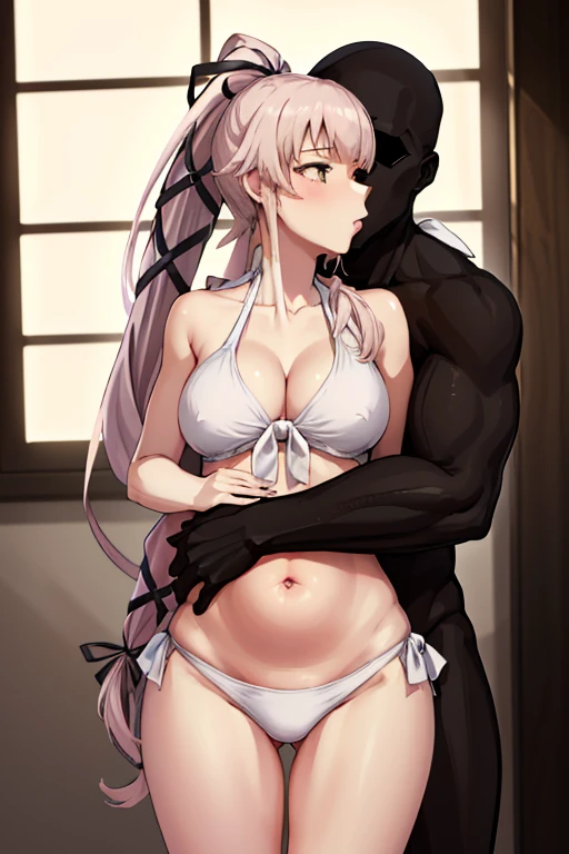 ((1girl, 1black man, kiss, old, groping:1.2)), {perfect anatomy},((beautiful face:1.1)),((Pregnant: 0.8)),(masterpiece, highest quality, shape, delicate details, 8K), (studio light, best shadow, picturesque, style adder),( highest quality), masterpiece, highest quality, High resolution, alone, 1 girl, yurasummerkc, long hair, ribbon, navel, cleavage, swimsuit, hair ribbon, ponytail, front tie bikini, white bikini, hair flaps,
