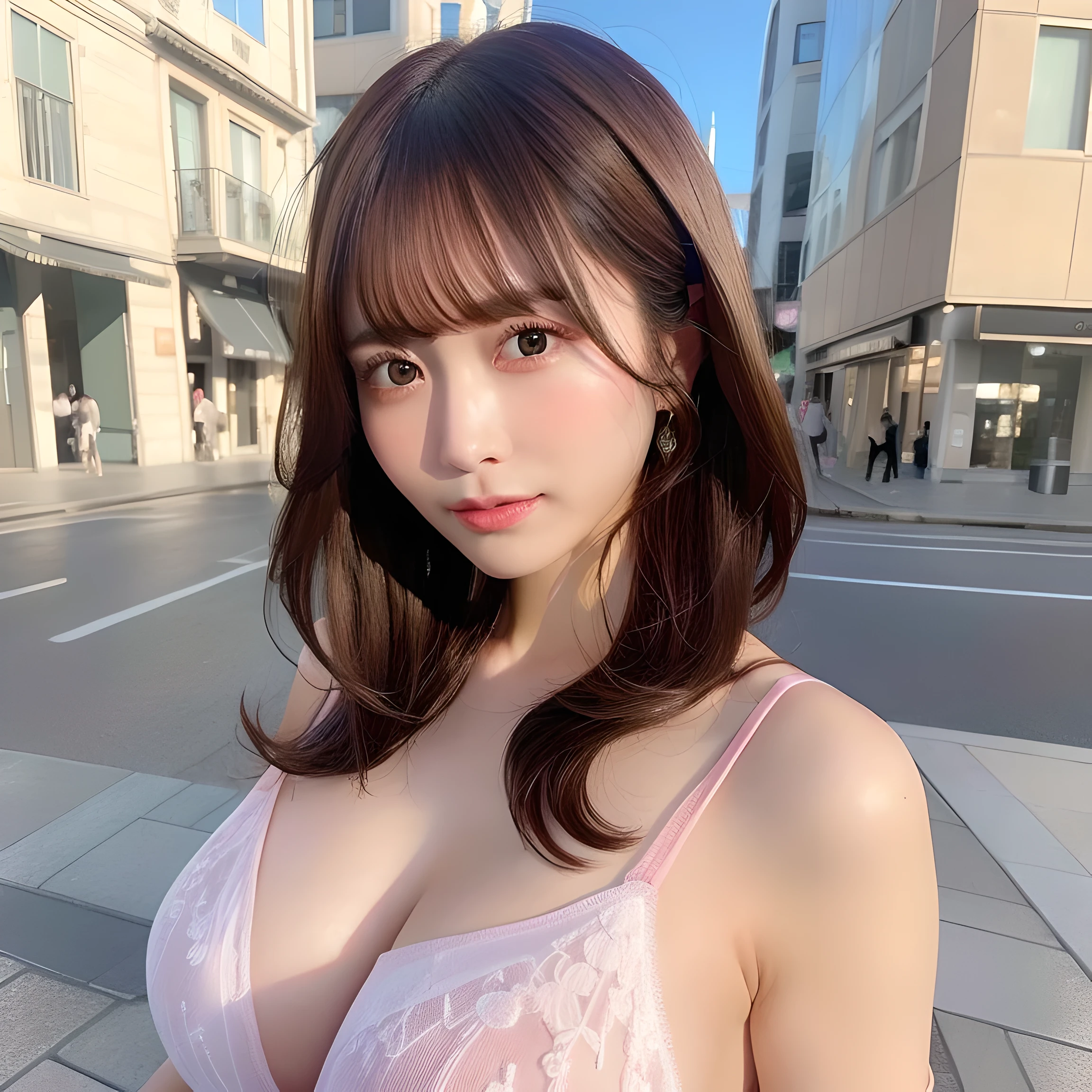((highest quality、8k、masterpiece:1.3))、Sharp focus:1.2、Beautiful woman with perfect style:1.4、Slim Abs:1.2、((Dark brown hair、Huge boobs:1.2))、(Natural soft light、City Street:1.1)、Highly detailed face and skin texture、Detailed eyes、double eyelid、On the street、Stylish dresses、Less exposure、not clear、Big pink